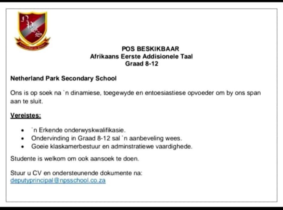 Vakature: Afrikaans Eerste Addisionele Taal (Graad 8-12) – Ermelo