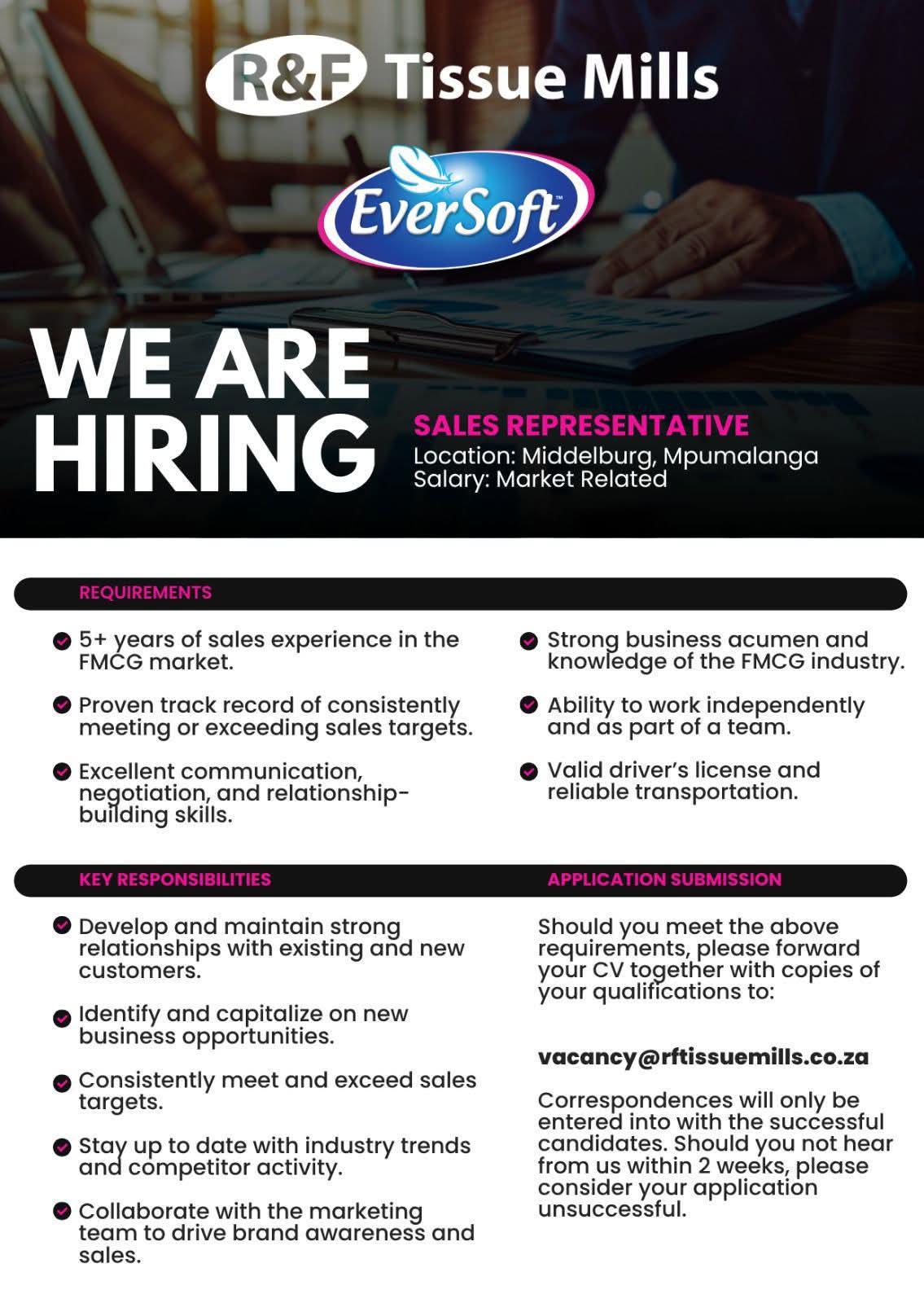 Vacancy: Sales Representative – Middelburg, Mpumalanga Vacancy: Sales Representative – Middelburg, Mpumalanga