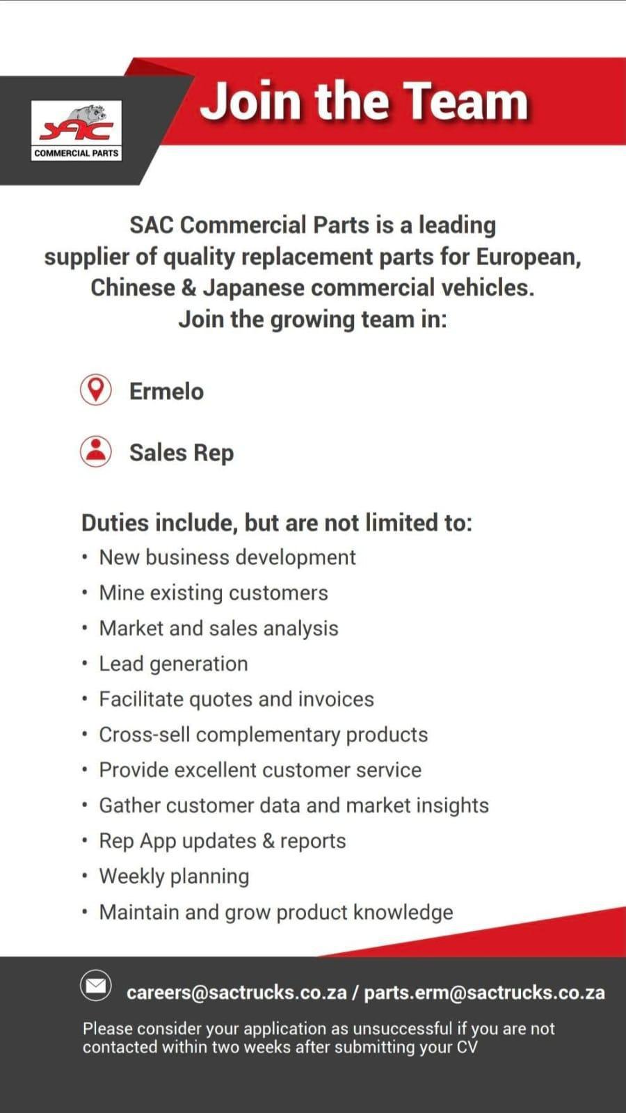 Vacancy: Sales Rep – Ermelo