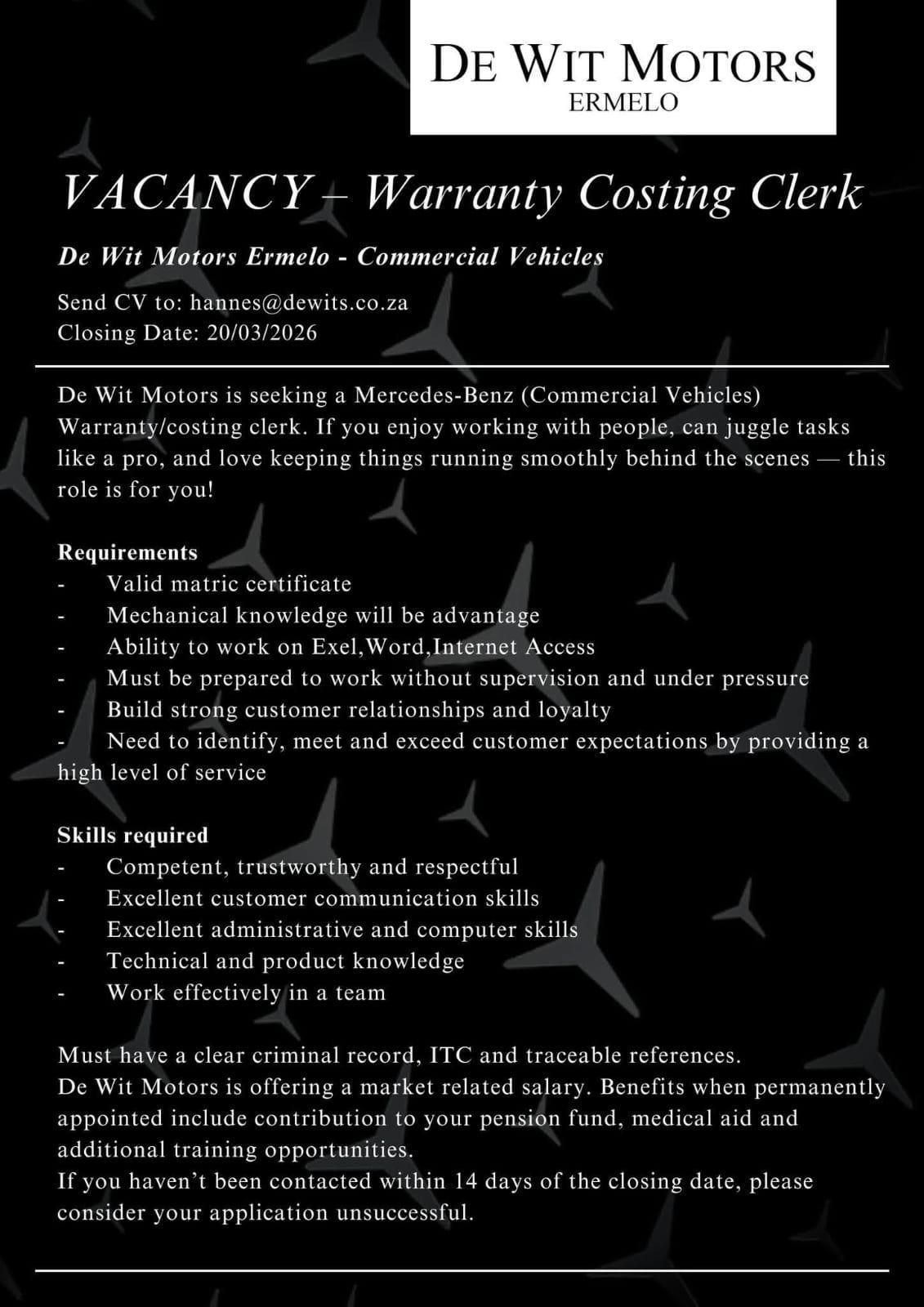 Vacancy: Warranty Costing Clerk – Ermelo