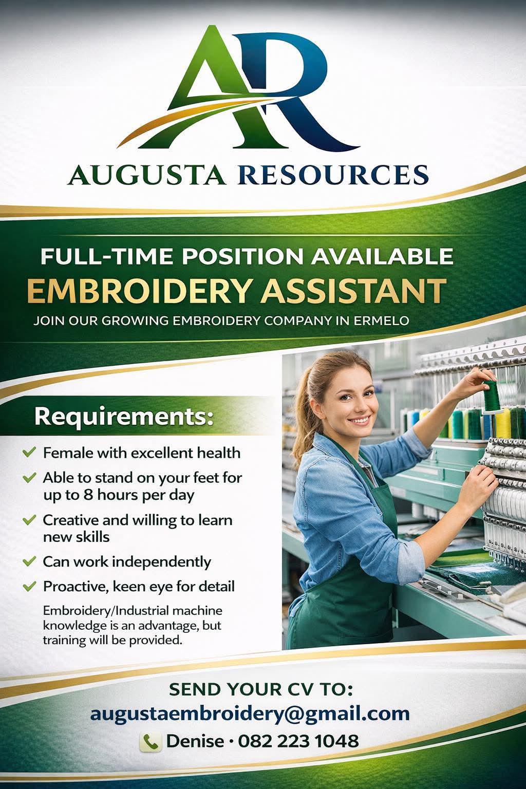 Vacancy: Embroidery Assistant – Ermelo Vacancy: Embroidery Assistant – Ermelo