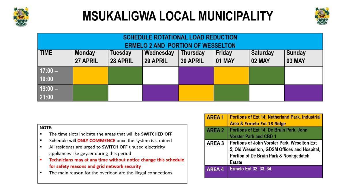 Load Reduction Schedule Issued for Ermelo and Surrounding Areas Load Reduction Schedule Issued for Ermelo and Surrounding Areas