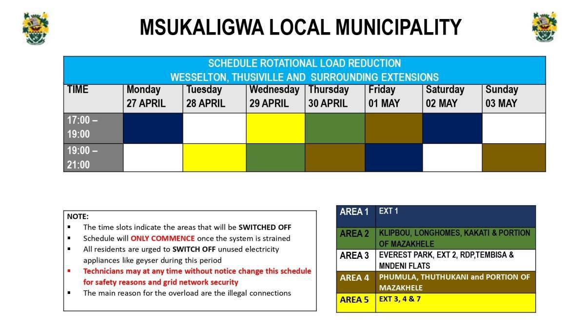 Load Reduction Schedule Issued for Ermelo and Surrounding Areas
