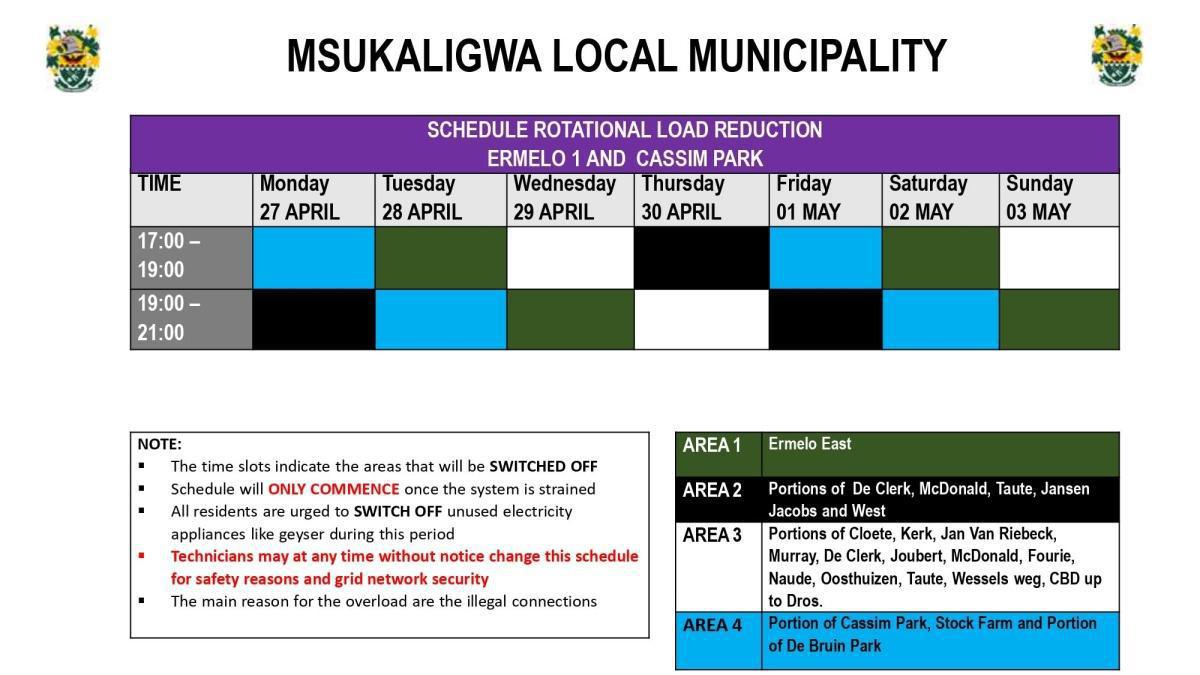 Load Reduction Schedule Issued for Ermelo and Surrounding Areas Load Reduction Schedule Issued for Ermelo and Surrounding Areas