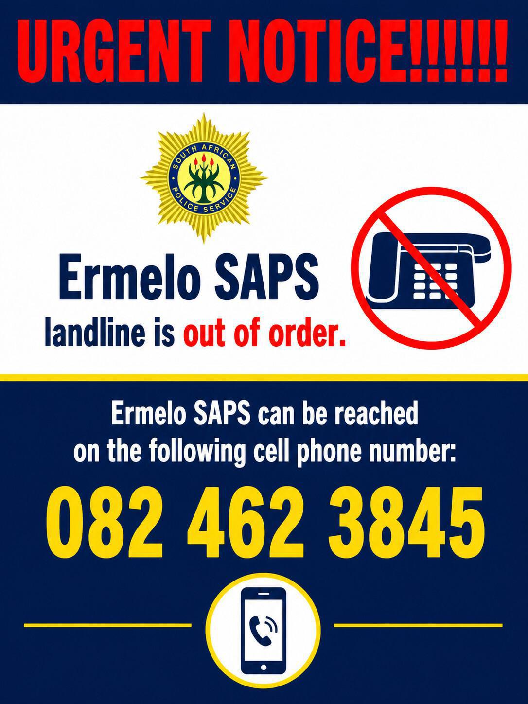Ermelo SAPS landline out of order, alternative number provided