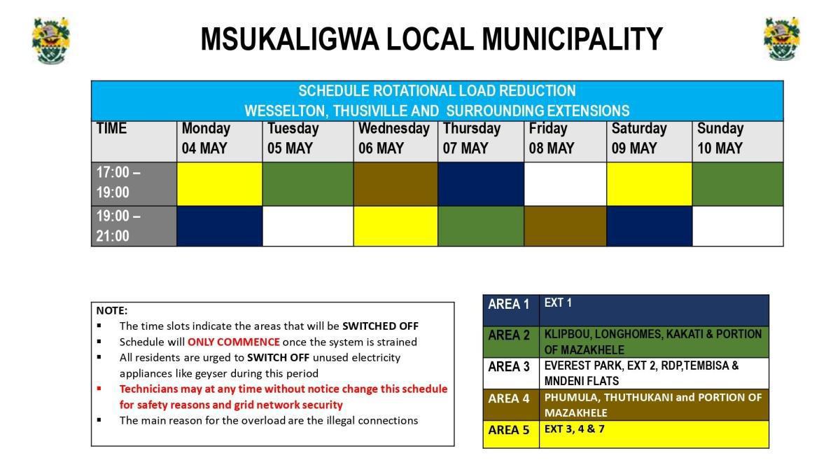 Load Reduction Schedule Issued for Ermelo and Surrounding Areas Load Reduction Schedule Issued for Ermelo and Surrounding Areas
