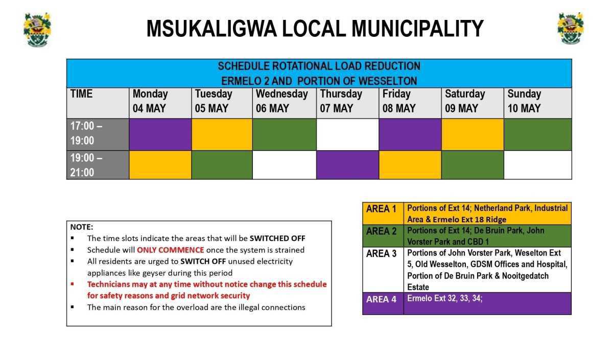 Load Reduction Schedule Issued for Ermelo and Surrounding Areas