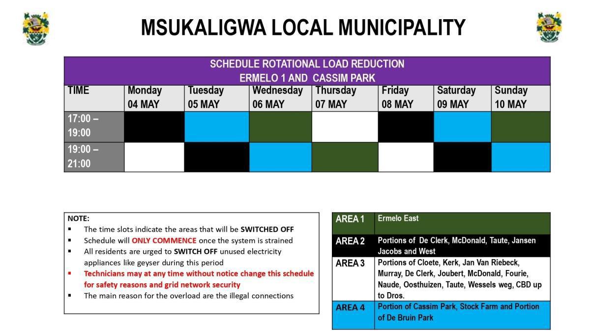 Load Reduction Schedule Issued for Ermelo and Surrounding Areas