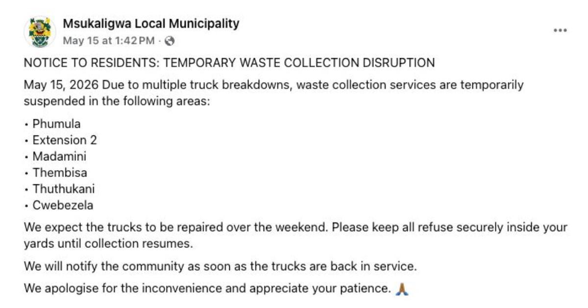 Waste Collection Disruptions Affect Several Ermelo Areas Waste Collection Disruptions Affect Several Ermelo Areas