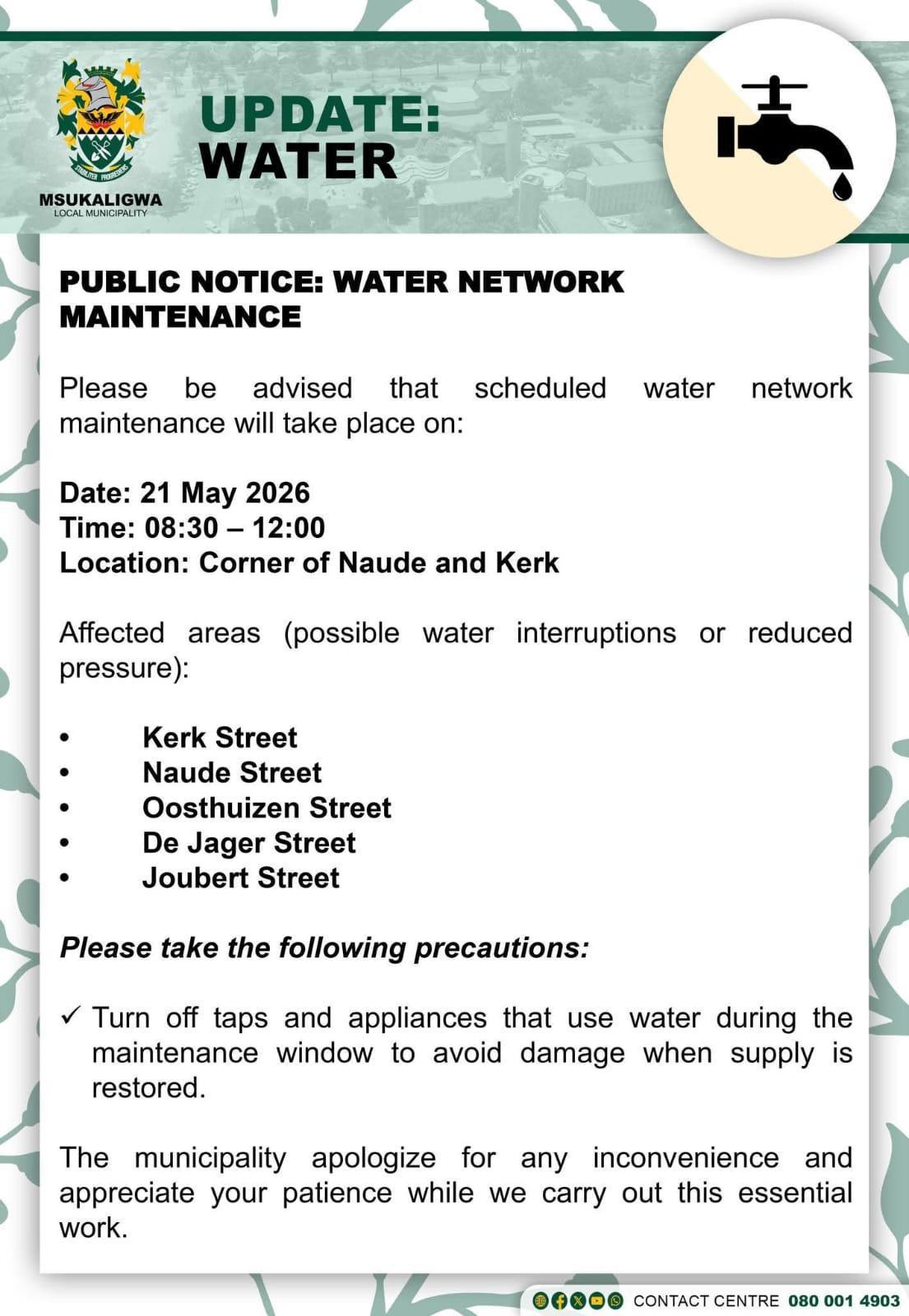 Water Network Maintenance Scheduled for Parts of Ermelo Water Network Maintenance Scheduled for Parts of Ermelo