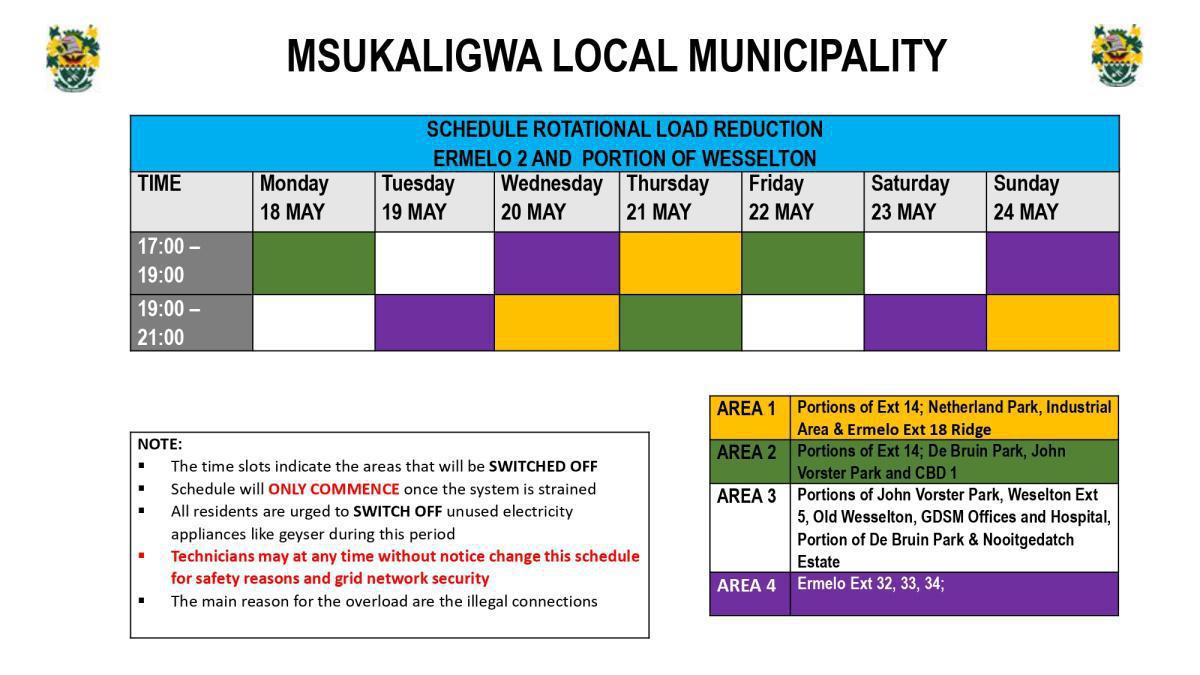 Load Reduction Schedule Issued for Ermelo and Surrounding Areas Load Reduction Schedule Issued for Ermelo and Surrounding Areas