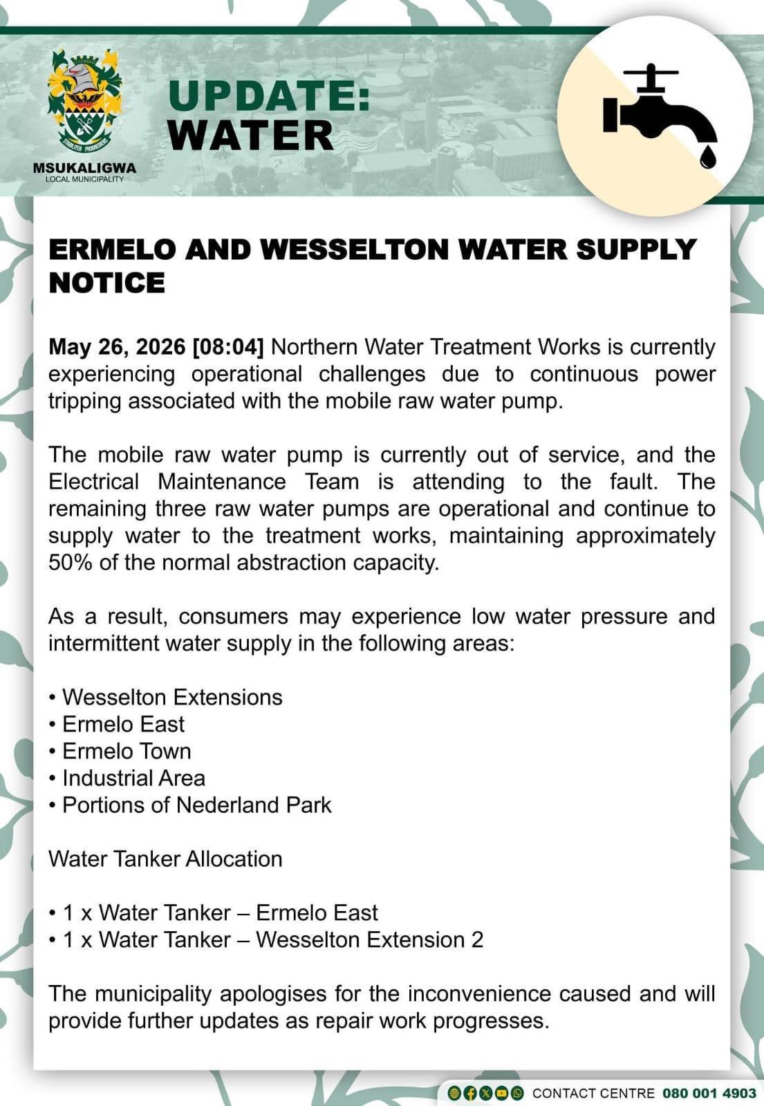 Water Supply Challenges Affecting Parts of Ermelo and Wesselton Water Supply Challenges Affecting Parts of Ermelo and Wesselton