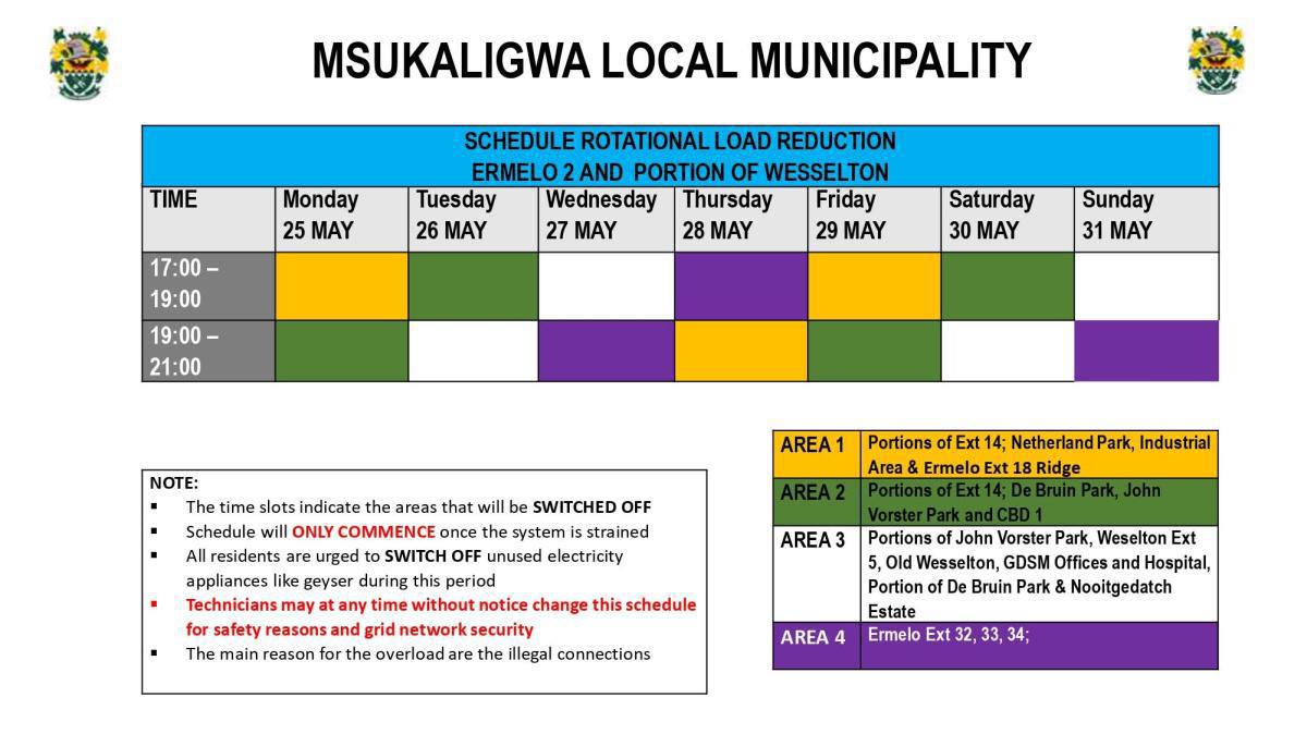 Load Reduction Schedule Issued for Ermelo and Surrounding Areas
