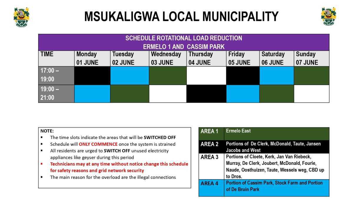 Load Reduction Schedule Issued for Ermelo and Surrounding Areas Load Reduction Schedule Issued for Ermelo and Surrounding Areas