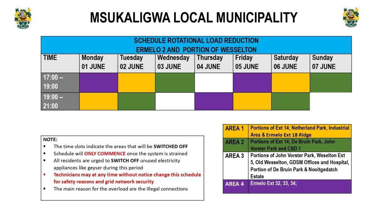 Load Reduction Schedule Issued for Ermelo and Surrounding Areas