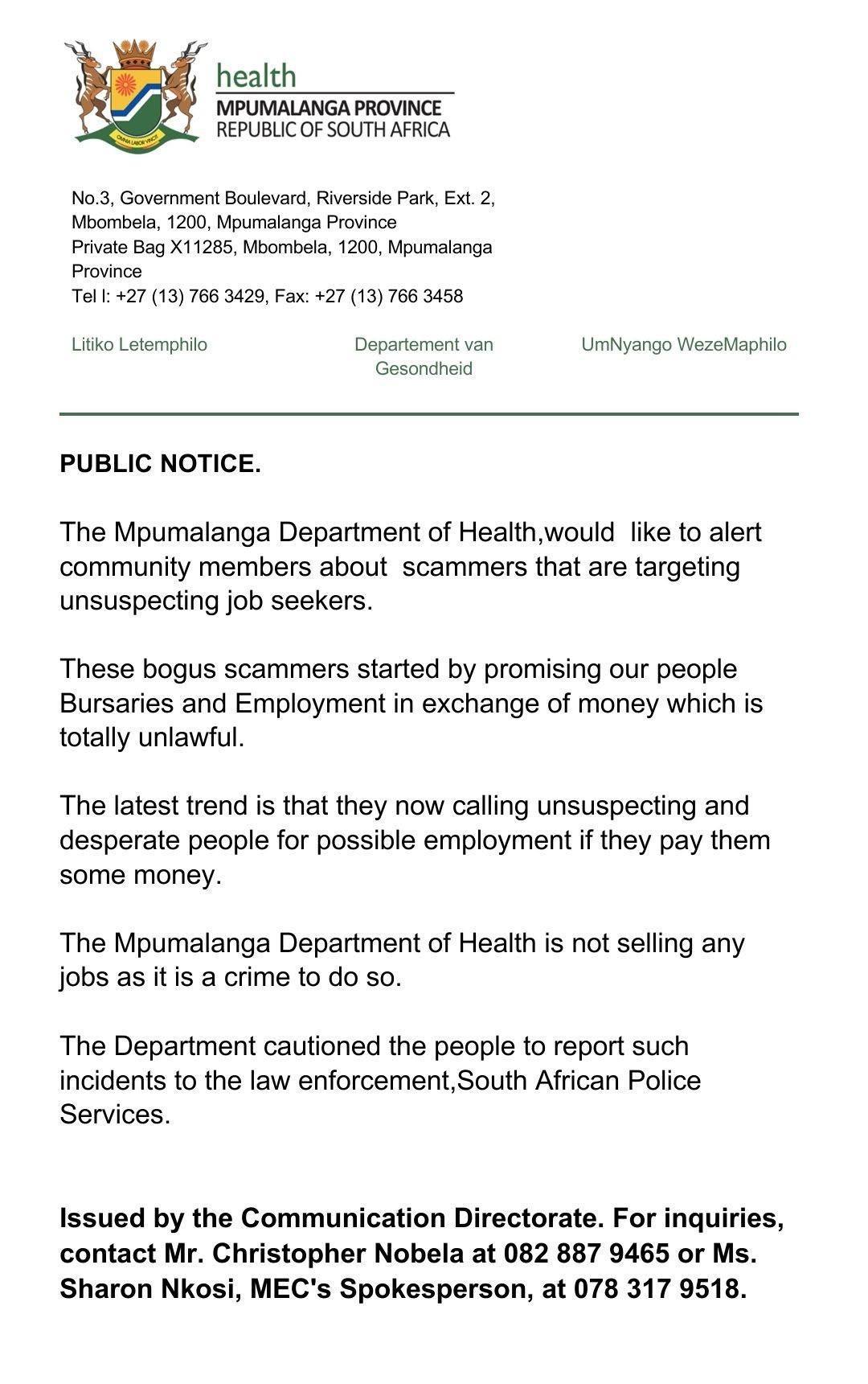 Mpumalanga Health Department Warns Public About Job and Bursary Scams Mpumalanga Health Department Warns Public About Job and Bursary Scams