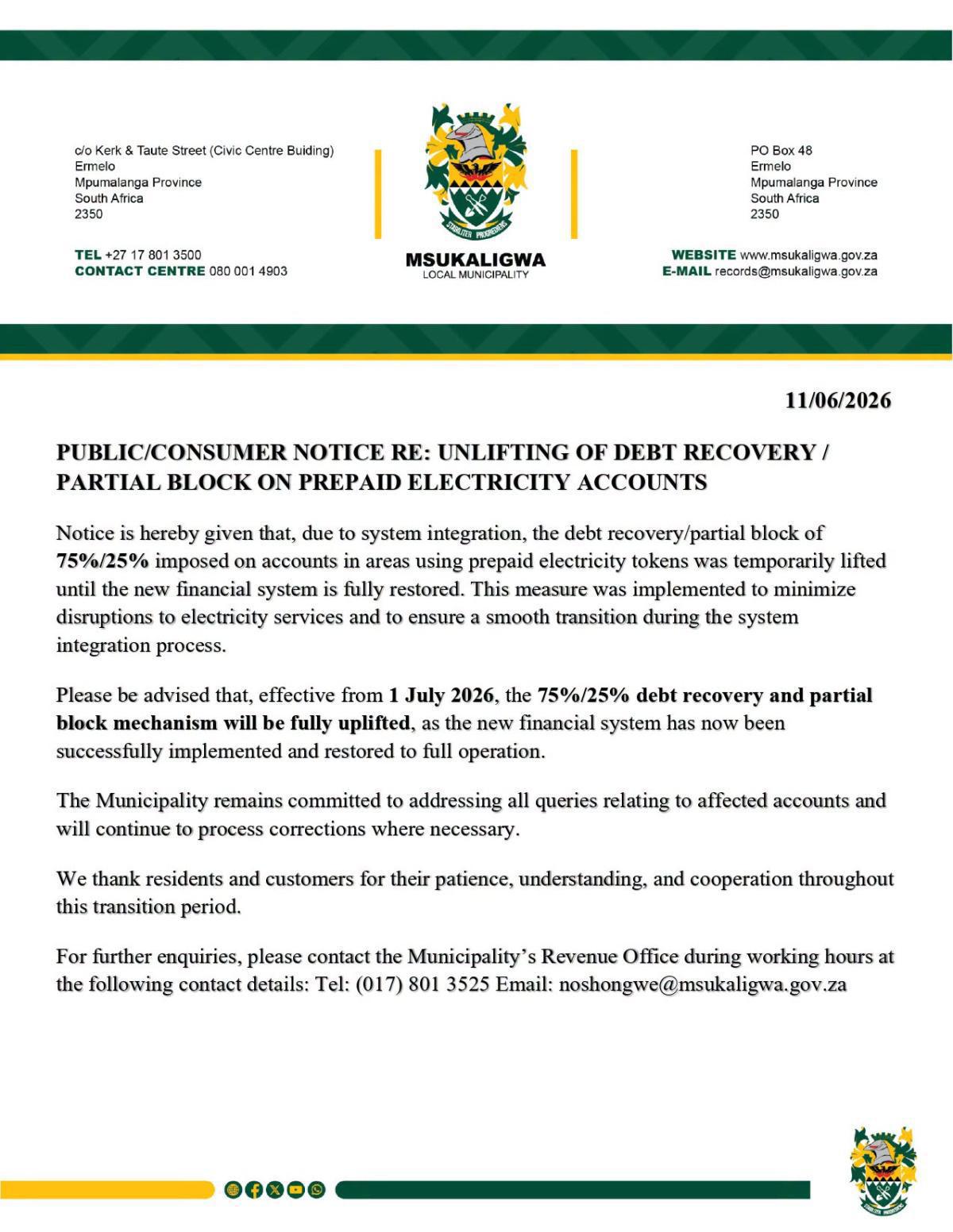 Municipality to Fully Lift Prepaid Electricity Debt Recovery System from 1 July