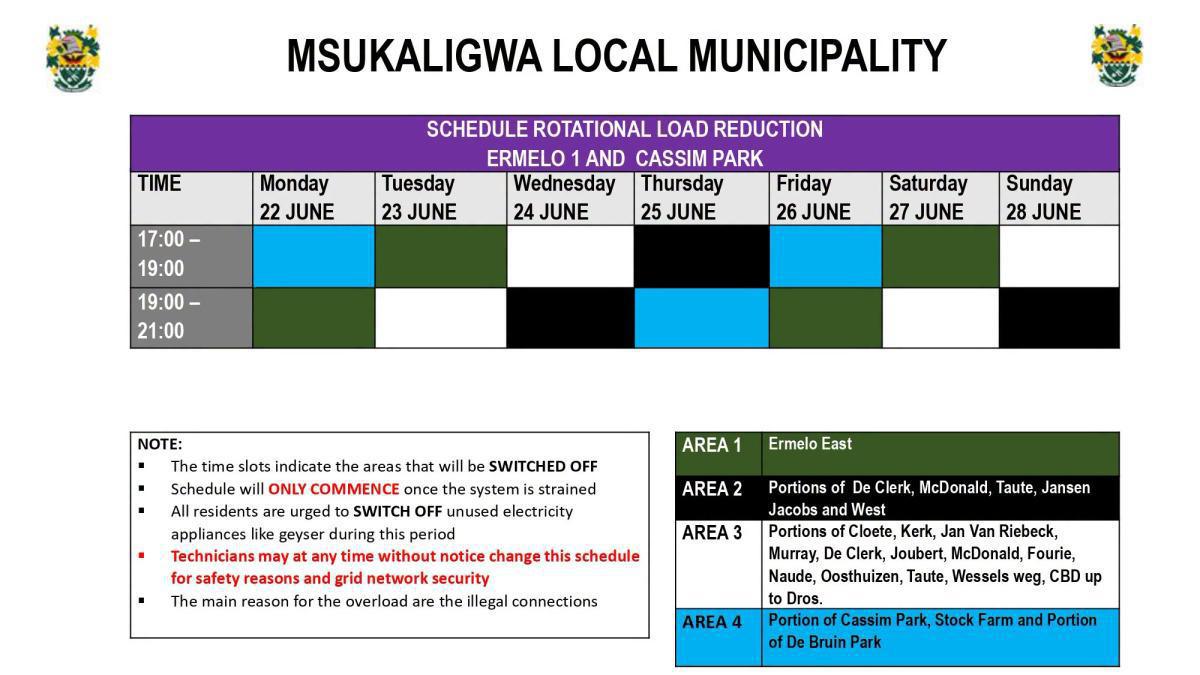 Load Reduction Schedule Issued for Ermelo and Surrounding Areas