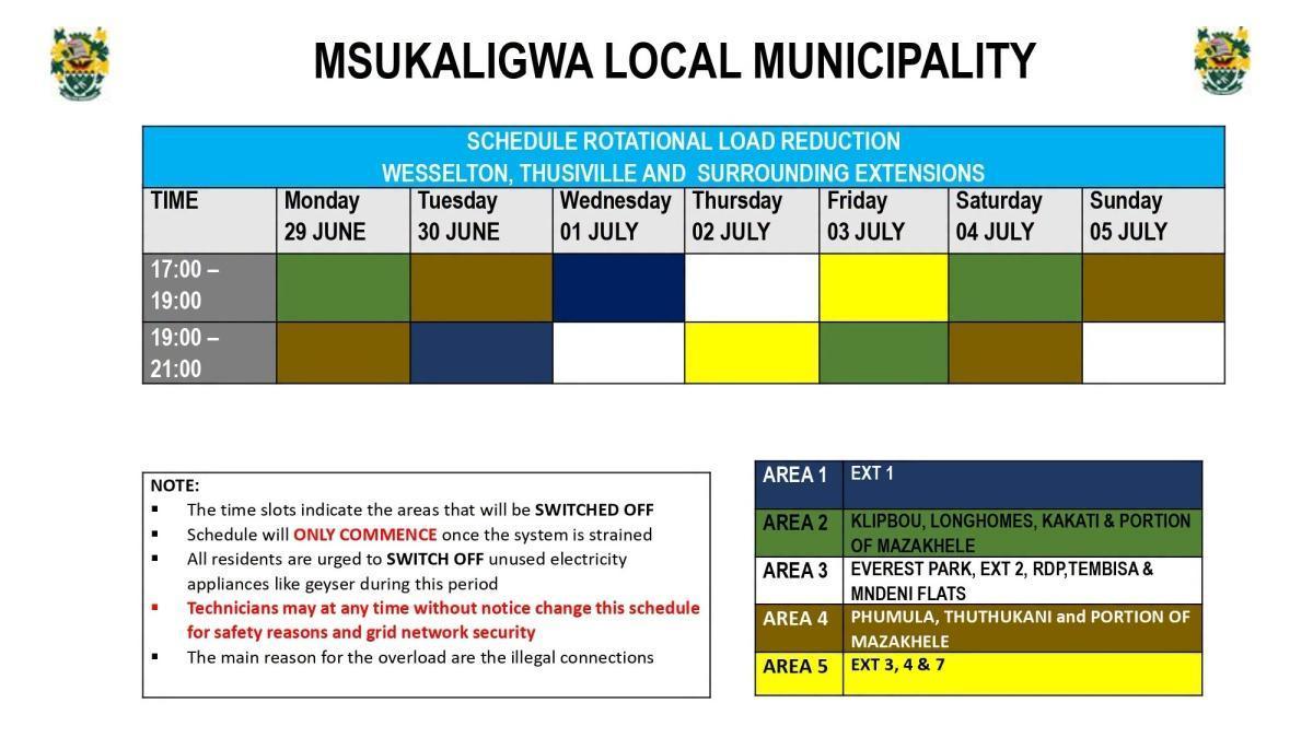Load Reduction Schedule Issued for Ermelo and Surrounding Areas