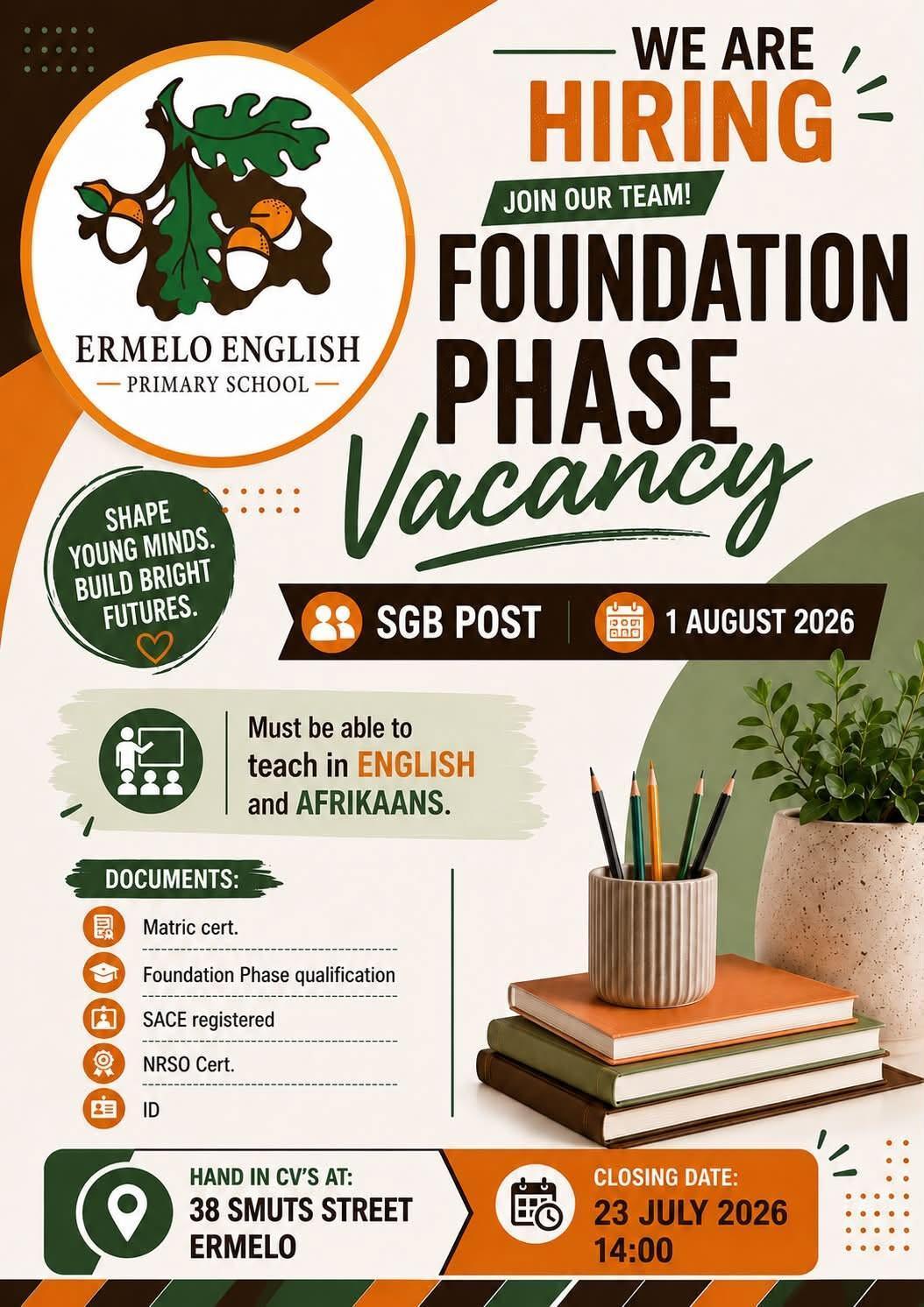 Vacancy: Foundation Phase Teacher – Ermelo Vacancy: Foundation Phase Teacher – Ermelo