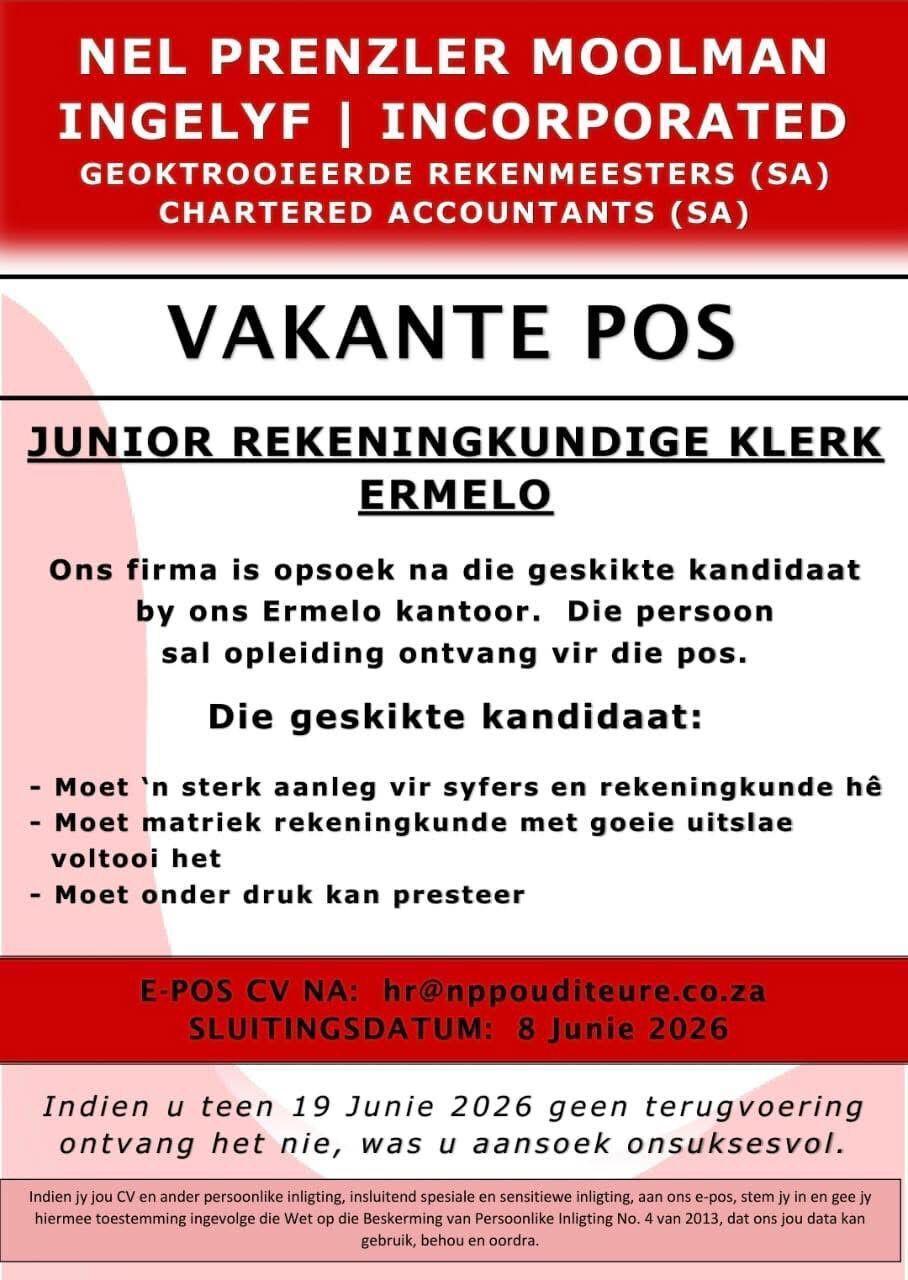 Vakature: Junior Rekeningkundige Klerk – Ermelo Vakature: Junior Rekeningkundige Klerk – Ermelo
