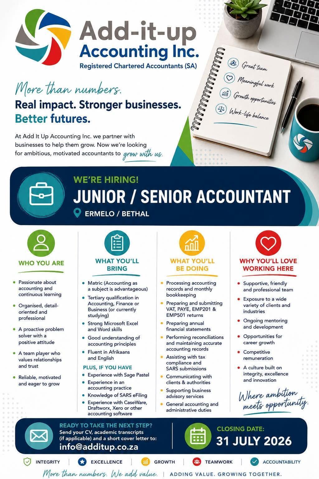 Vacancy: Junior / Senior Accountant – Ermelo / Bethal Vacancy: Junior / Senior Accountant – Ermelo / Bethal