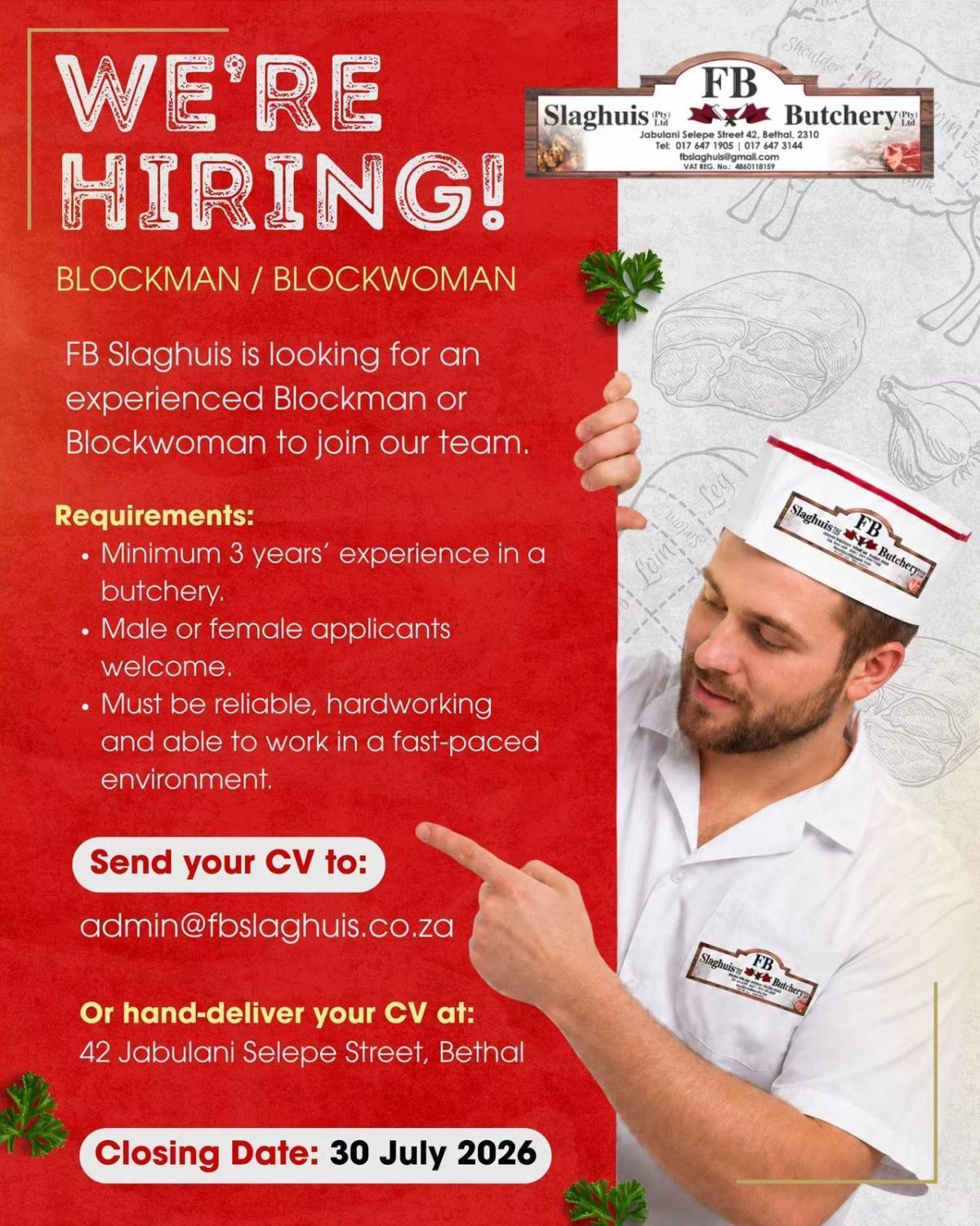 Vacancy: Blockman / Blockwoman – Bethal Vacancy: Blockman / Blockwoman – Bethal