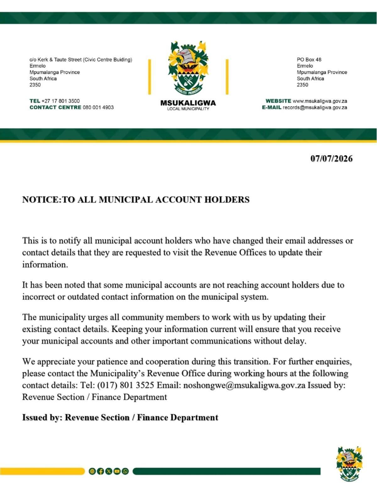 Notice To Municipal Account Holders