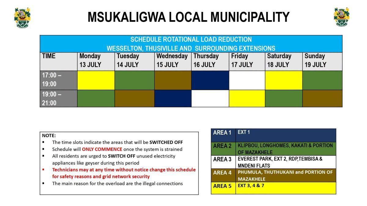 Load Reduction Schedule Issued for Ermelo and Surrounding Areas Load Reduction Schedule Issued for Ermelo and Surrounding Areas