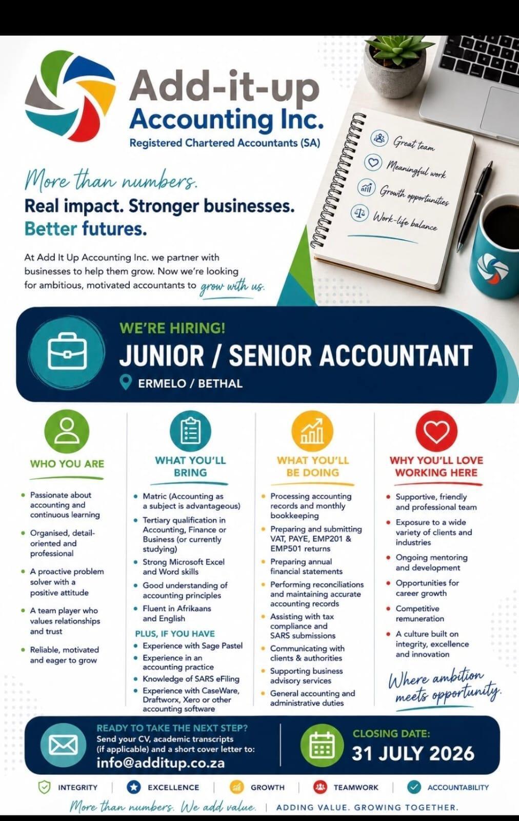 Vacancy: Junior / Senior Accountant – Ermelo / Bethal