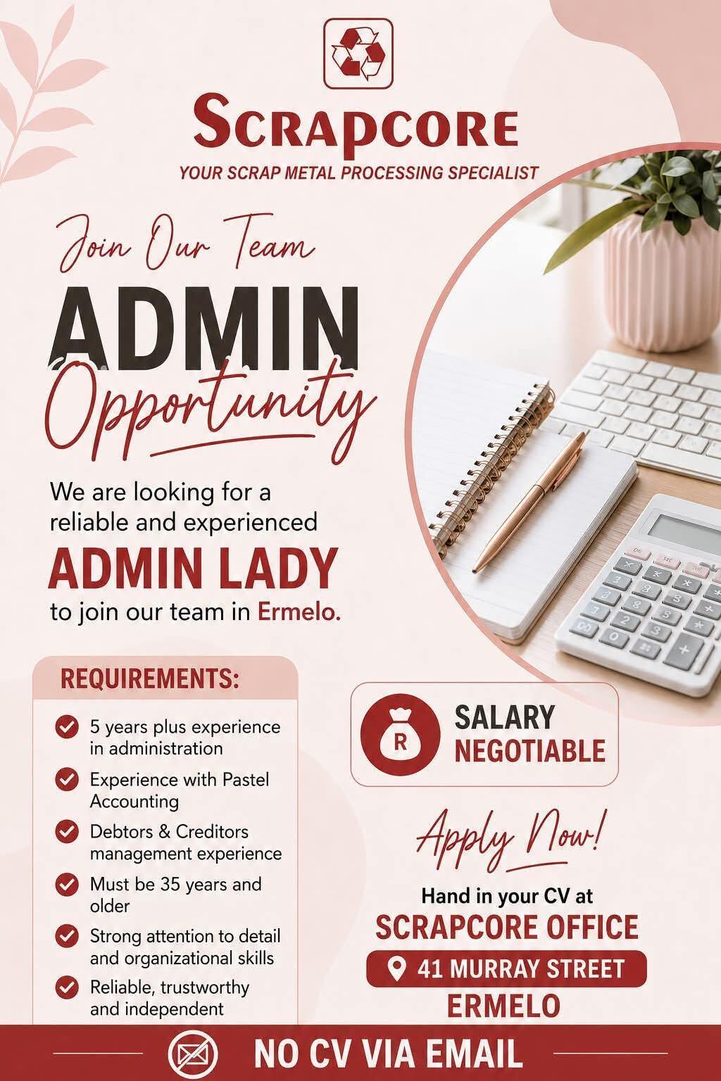 Vacancy: Admin Lady – Ermelo