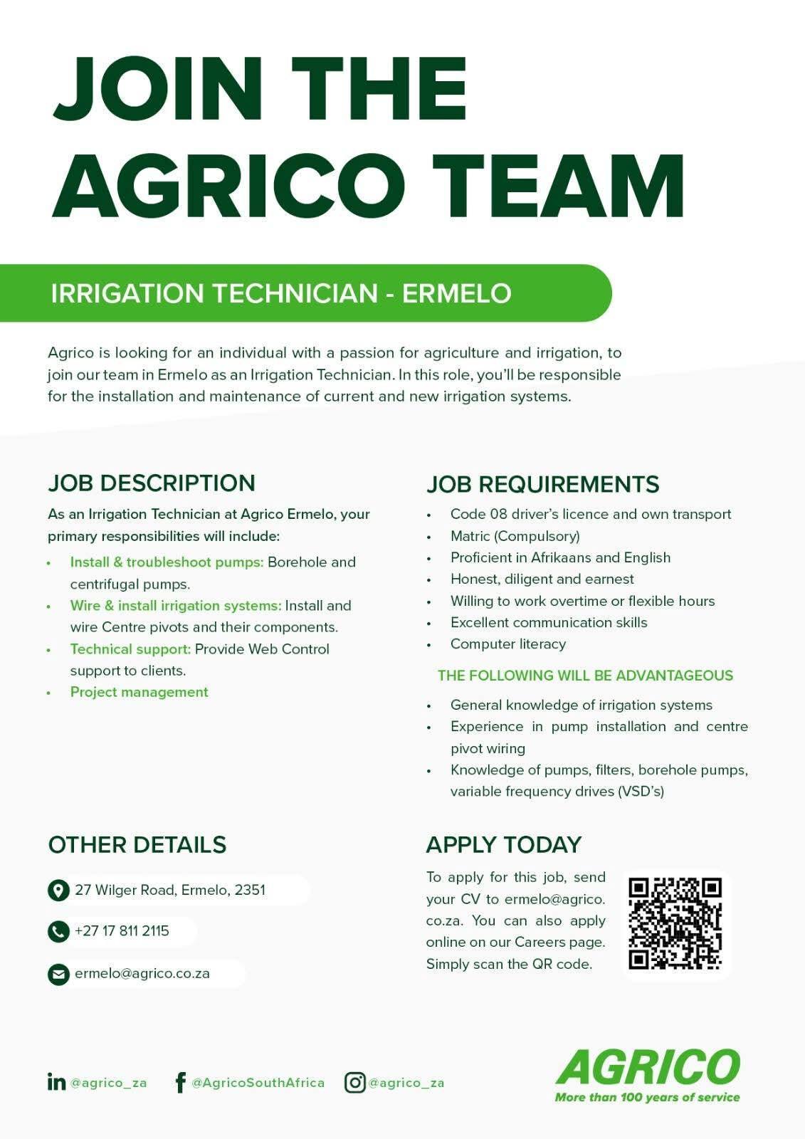 Vacancy: Irrigation Technician – Ermelo