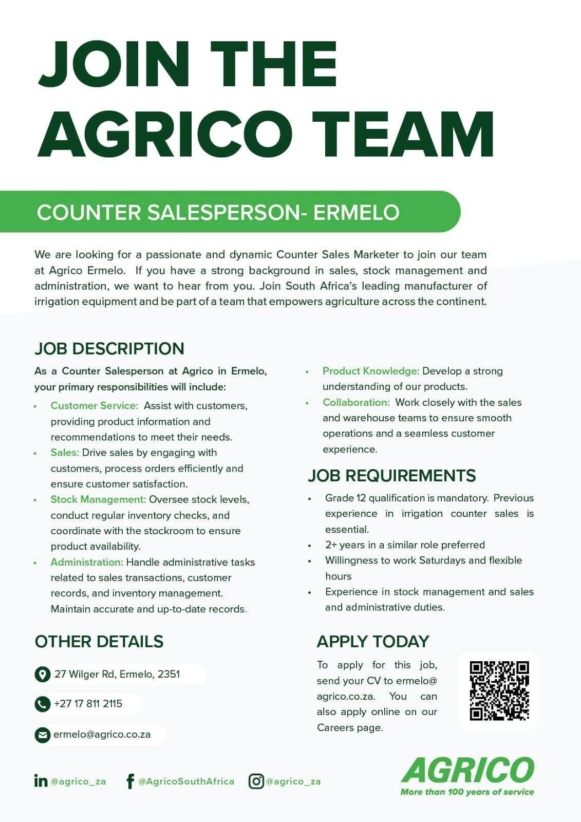 Vacancy: Counter Salesperson – Ermelo Vacancy: Counter Salesperson – Ermelo
