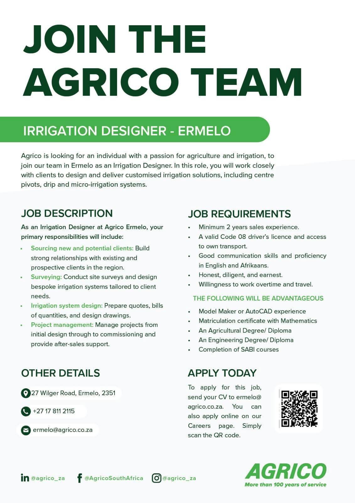 Vacancy: Irrigation Designer – Ermelo Vacancy: Irrigation Designer – Ermelo