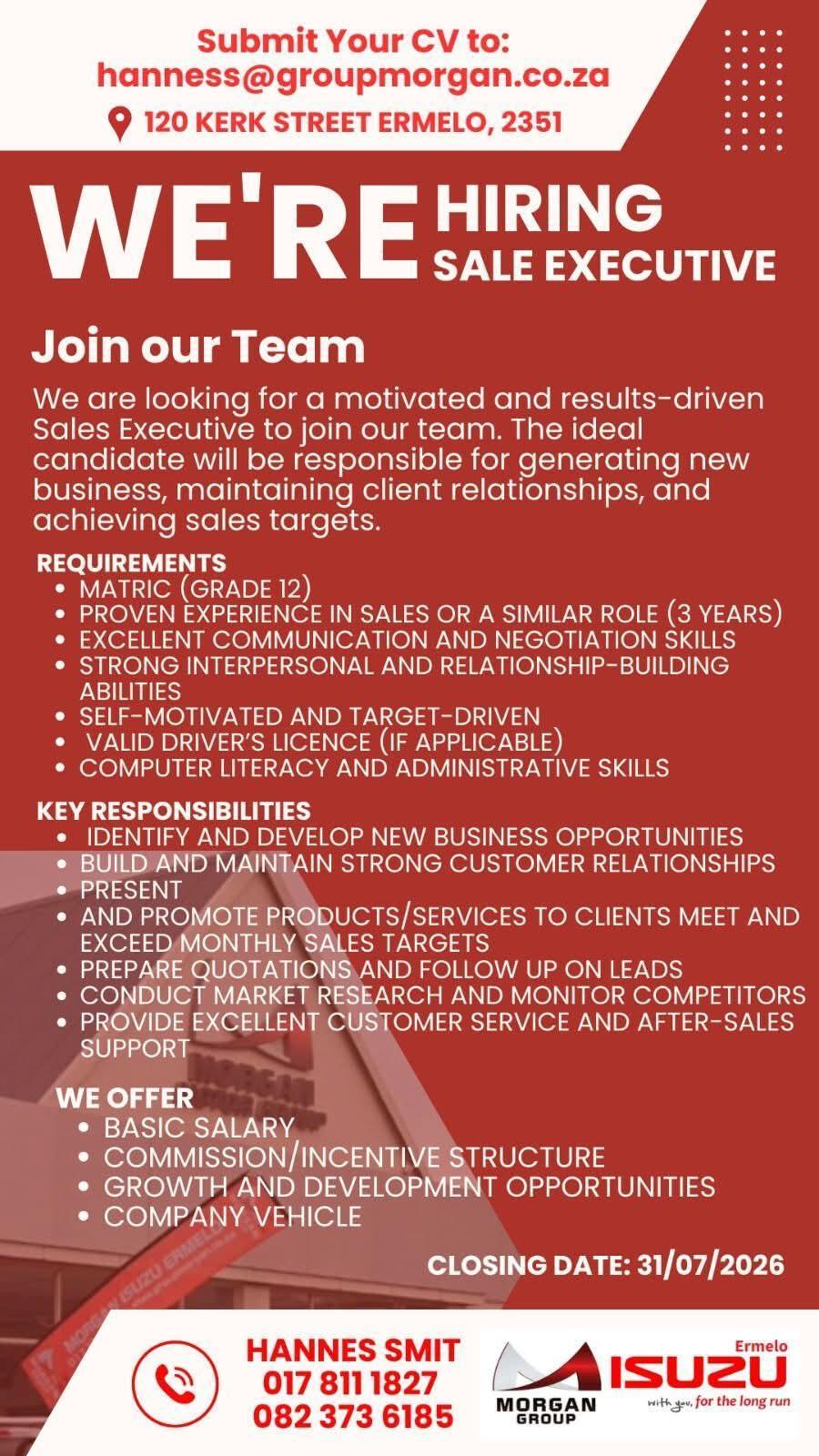 Vacancy: Sale Executive – Ermelo