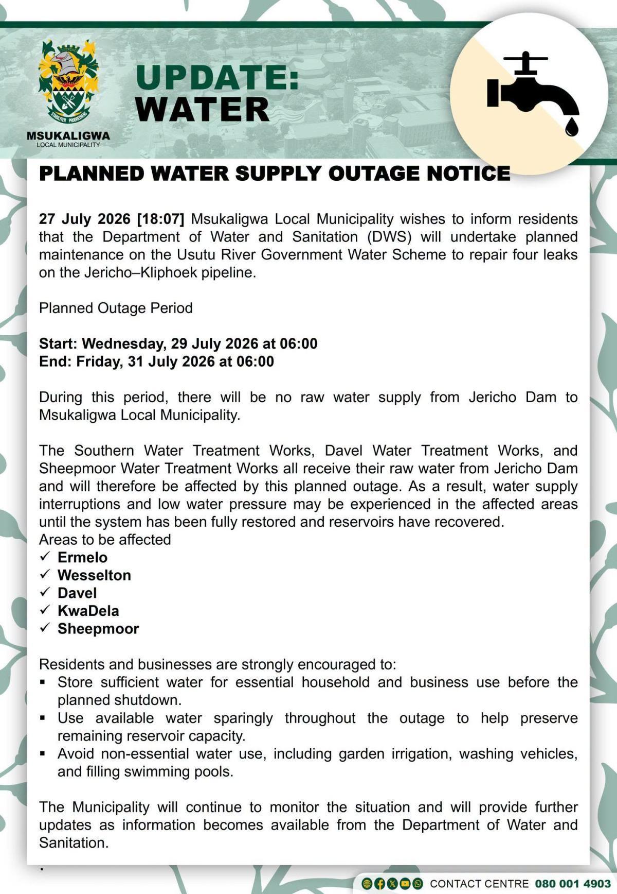 Notice: Planned Water Supply Interruption to Affect Ermelo and Surrounding Areas Notice: Planned Water Supply Interruption to Affect Ermelo and Surrounding Areas