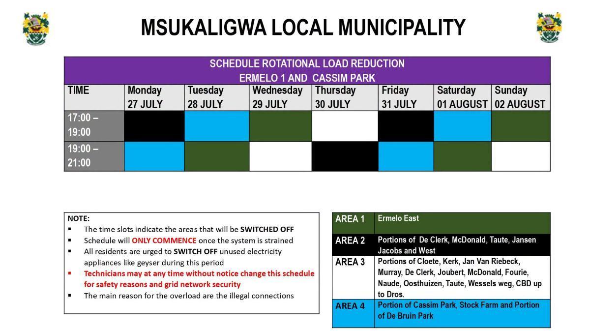 Load Reduction Schedule Issued for Ermelo and Surrounding Areas