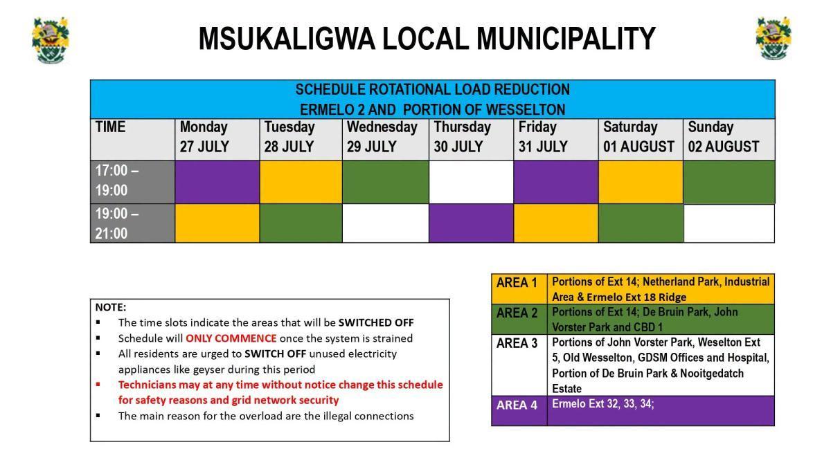 Load Reduction Schedule Issued for Ermelo and Surrounding Areas Load Reduction Schedule Issued for Ermelo and Surrounding Areas