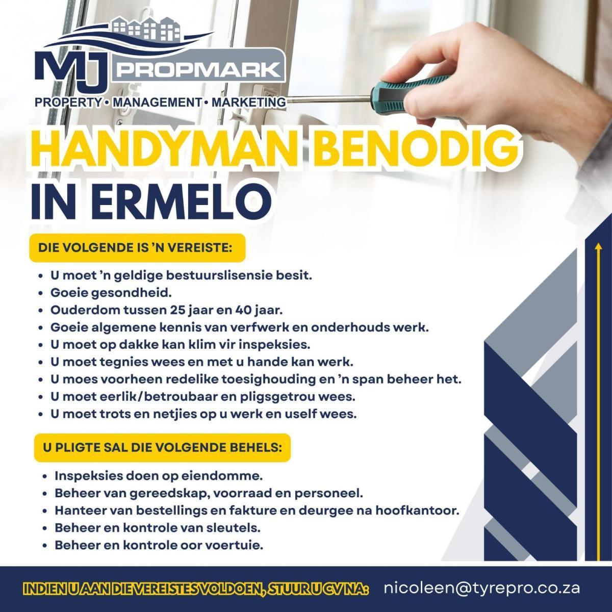Vacancy: Handyman – Ermelo Vacancy: Handyman – Ermelo