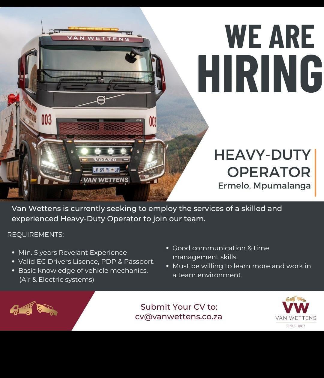 Vacancy: Heavy-Duty Operator – Ermelo, Mpumalanga Vacancy: Heavy-Duty Operator – Ermelo, Mpumalanga