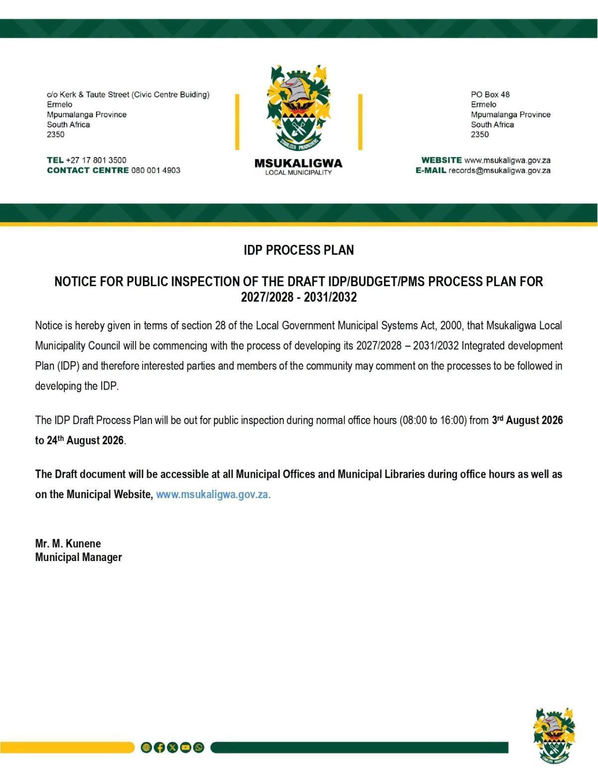 Draft IDP process plan open for public inspection