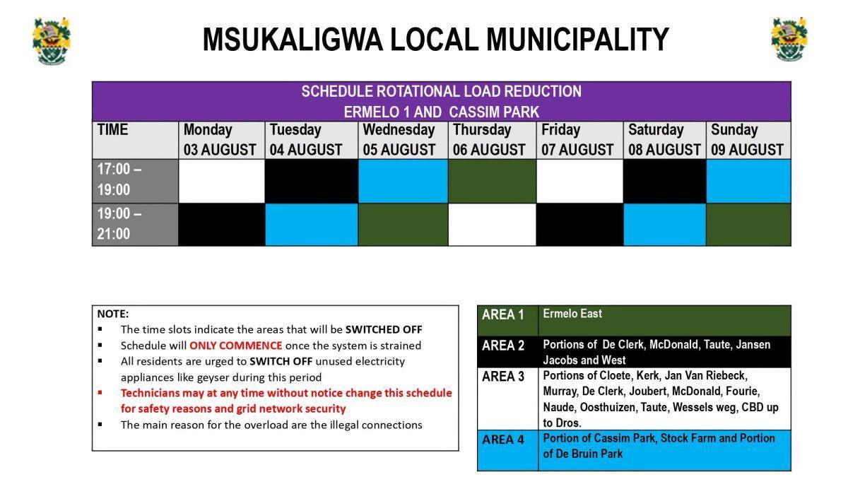 Load Reduction Schedule Issued for Ermelo and Surrounding Areas Load Reduction Schedule Issued for Ermelo and Surrounding Areas