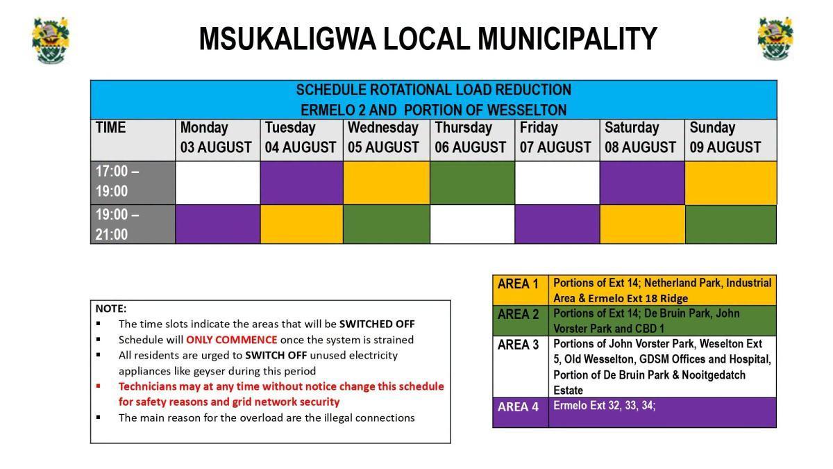 Load Reduction Schedule Issued for Ermelo and Surrounding Areas