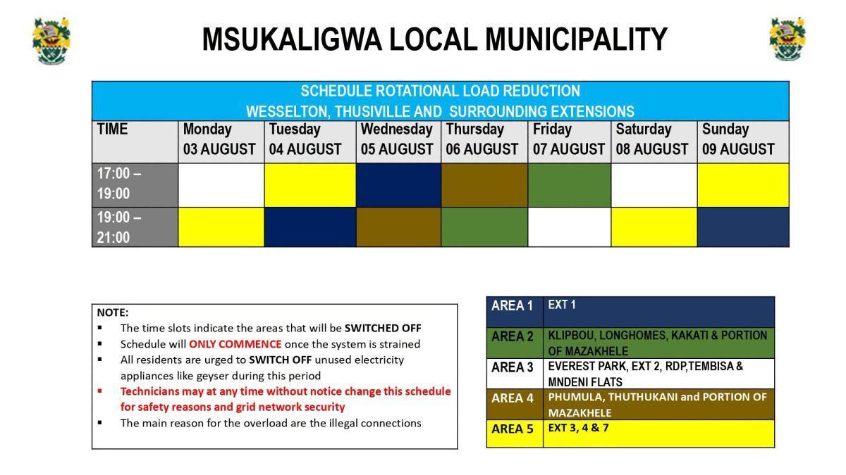 Load Reduction Schedule Issued for Ermelo and Surrounding Areas Load Reduction Schedule Issued for Ermelo and Surrounding Areas