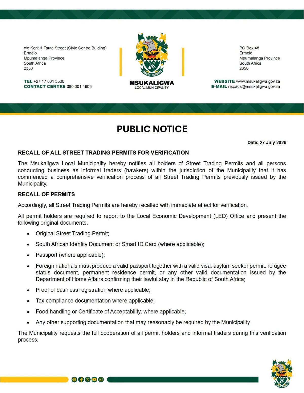 Street trading permits recalled for verification Street trading permits recalled for verification