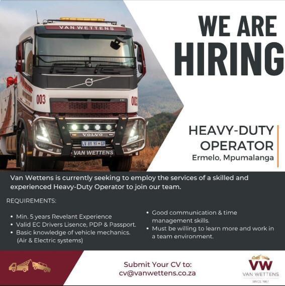 Vacancy: Heavy-Duty Operator – Ermelo, Mpumalanga