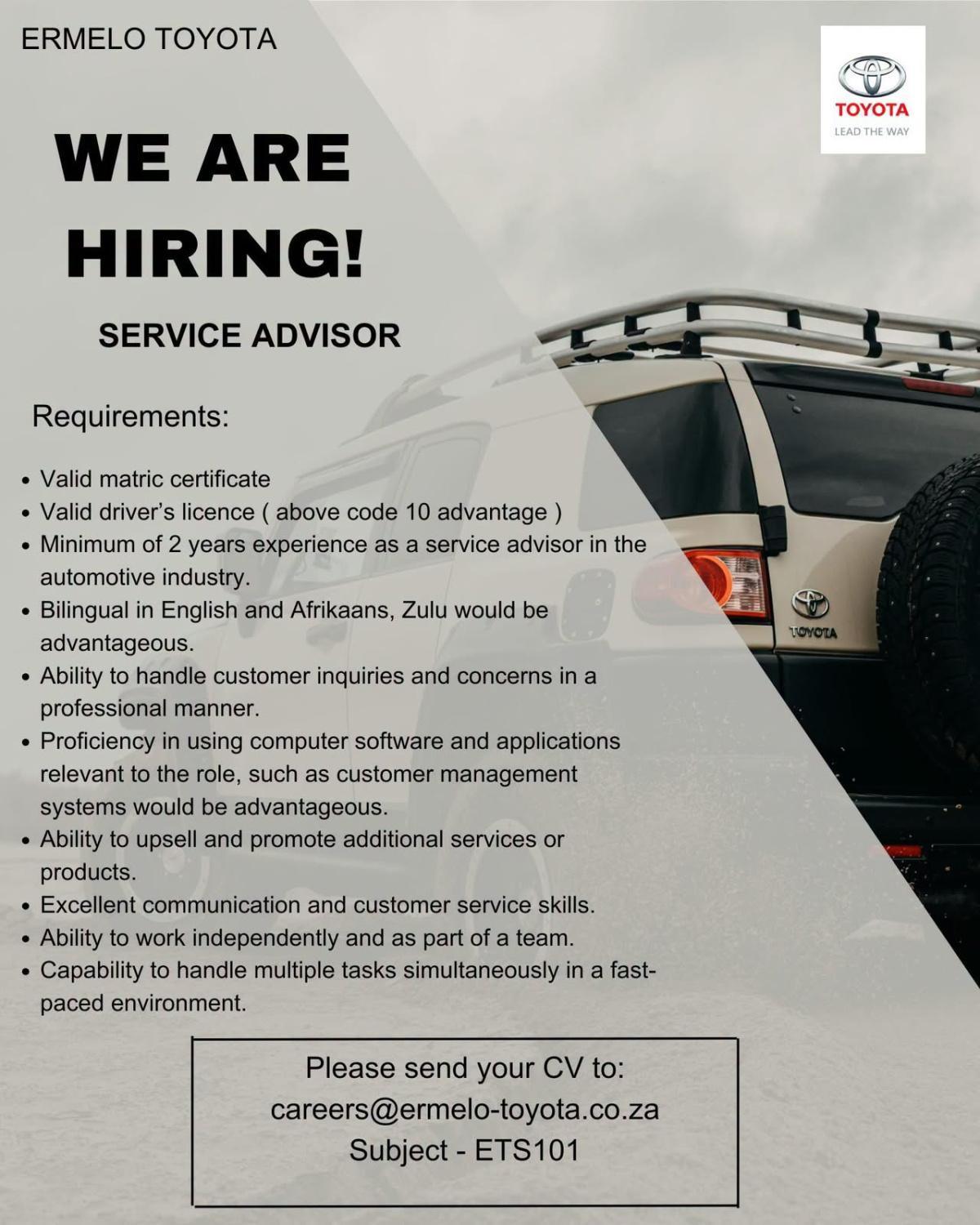 Vacancy: Service Advisor – Ermelo