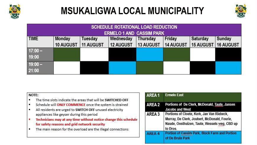 Load Reduction Schedule Issued for Ermelo and Surrounding Areas