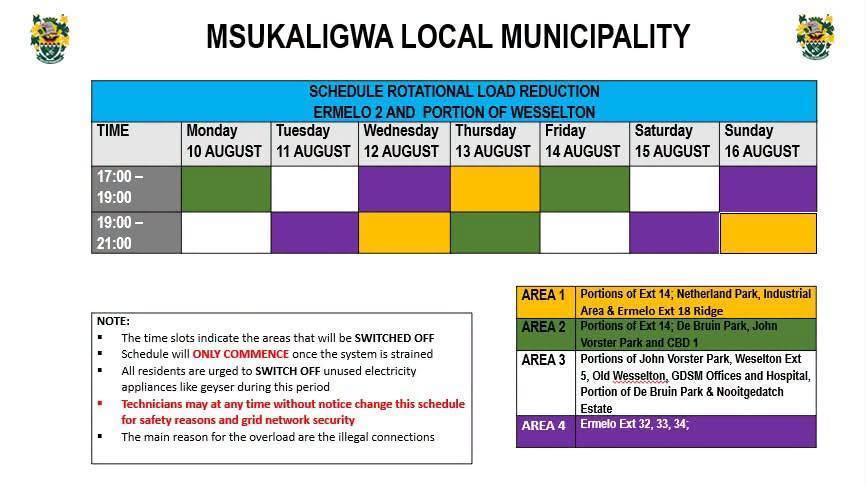 Load Reduction Schedule Issued for Ermelo and Surrounding Areas