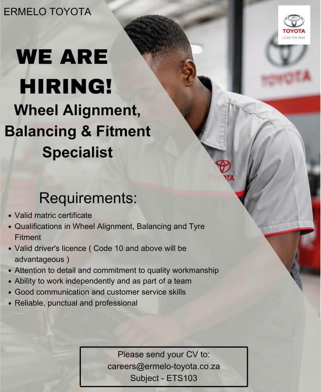 Vacancy: Wheel Alignment, Balancing & Fitment Specialist – Ermelo Vacancy: Wheel Alignment, Balancing & Fitment Specialist – Ermelo